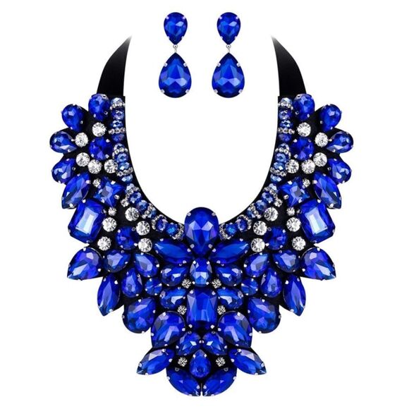 Blue Sapphire & Diamond Crystal Adjustable Ribbon Bib Necklace and Earrings Set - Picture 1 of 9